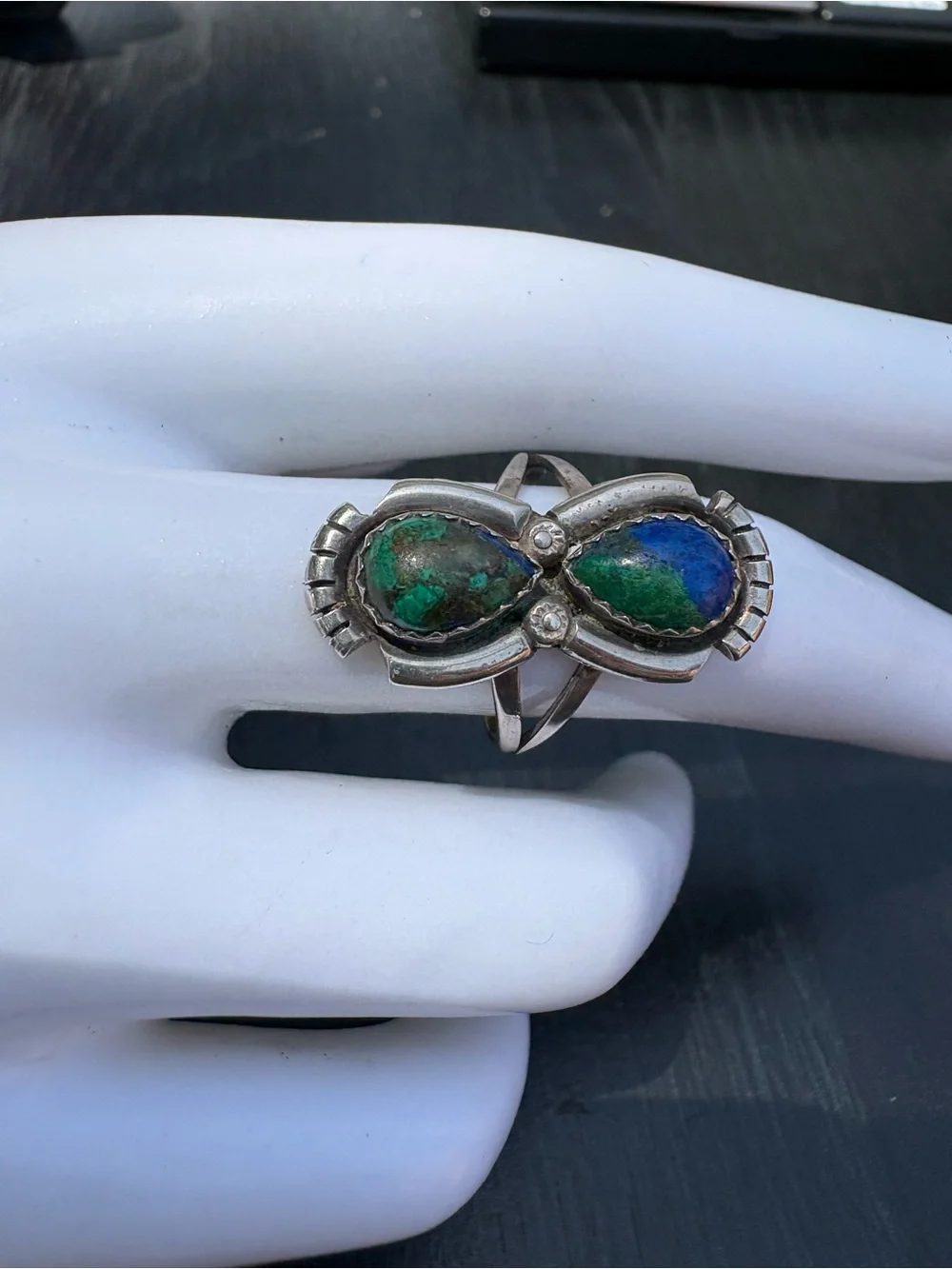 Vintage Native American Inspired Ring with Blue Green Stones - Size 6.75